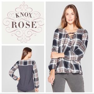 Knox Rose plaid wrap style top lace up neckline Large